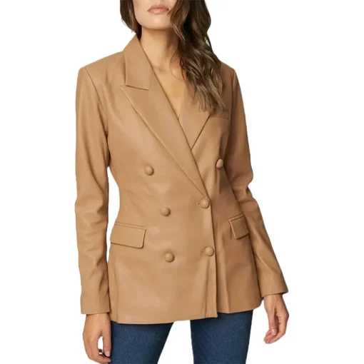 womens-double-breasted-brown-faux-leather-blazer