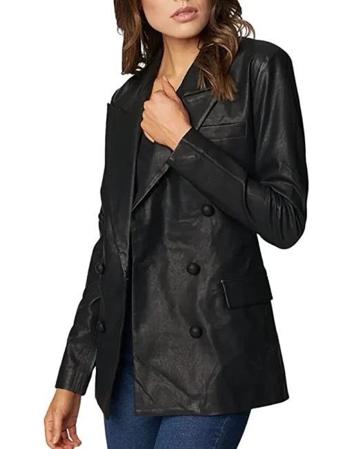 womens-double-breasted-long-black-faux-leather-blazer