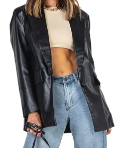 womens-long-sleeve-lapel-button-down-faux-leather-black-blazer