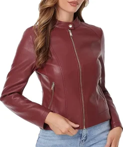 womens-maroon-faux-leather-zip-up-slim-fit-jacket