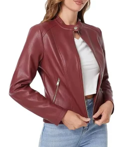 womens-maroon-faux-leather-zip-up-slim-fit-jacket