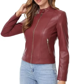 womens-maroon-faux-leather-zip-up-slim-fit-jacket