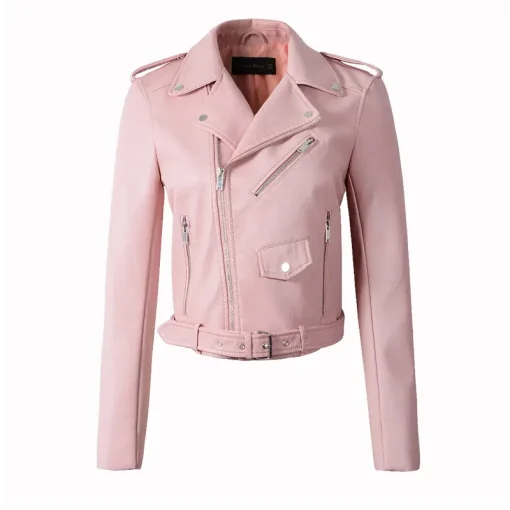womens-multi-zipper-pockets-pink-faux-leather-jacket