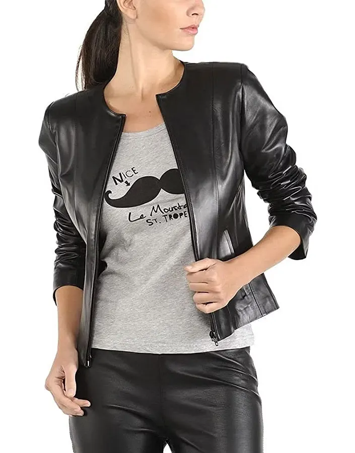 womens-slim-fit-collarless-black-faux-leather-jacket-2 womens-slim-fit-collarless-black-faux-leather-jacket