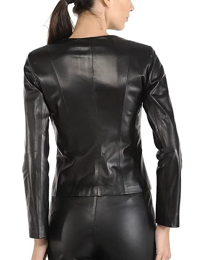 womens-slim-fit-collarless-black-faux-leather-jacket-3 womens-slim-fit-collarless-black-faux-leather-jacket