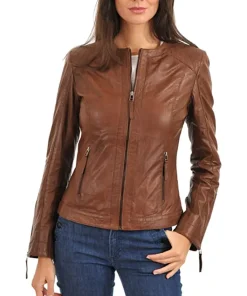 womens-slim-fit-collarless-brown-faux-leather-jacket