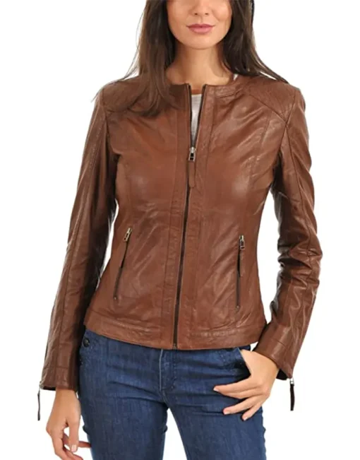 womens-slim-fit-collarless-brown-faux-leather-jacket