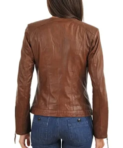 womens-slim-fit-collarless-brown-faux-leather-jacket