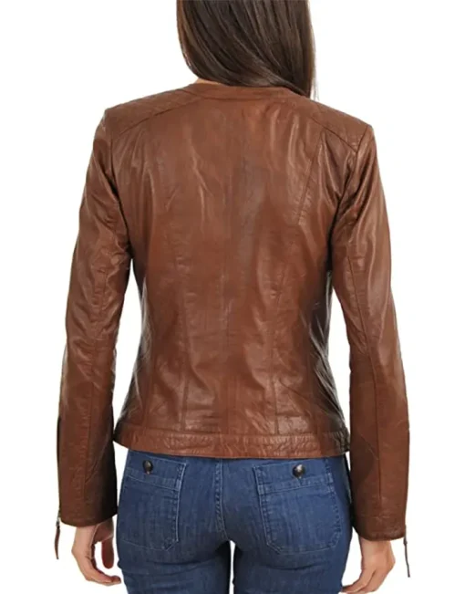 womens-slim-fit-collarless-brown-faux-leather-jacket