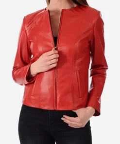 womens-slim-fit-collarless-red-faux-leather-jacket