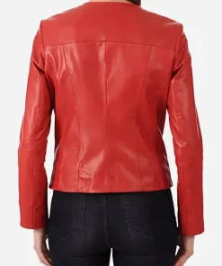 womens-slim-fit-collarless-red-faux-leather-jacket