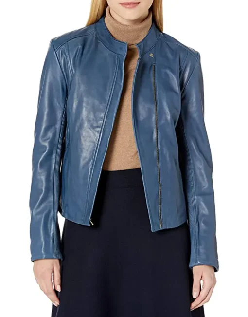 womens-stand-collar-blue-faux-leather-jacket