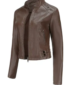 womens-stand-collar-cropped-coffee-brown-faux-leather-jacket