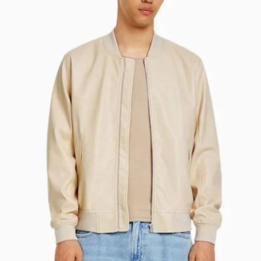 mens-beige-faux-leather-bomber-jacket