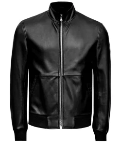 mens-black-slim-fit-faux-leather-bomber-jacket