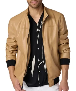 mens-camel-faux-leather-bomber-jacket