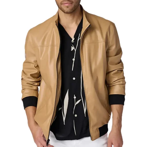 mens-camel-faux-leather-bomber-jacket