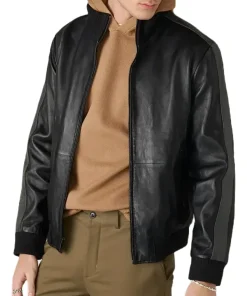 mens-casual-black-faux-leather-bomber-jacket