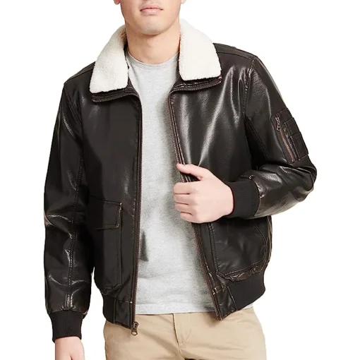 mens-dark-brown-faux-leather-aviator-sherpa-collar-bomber-jacket