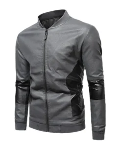 mens-gray-faux-leather-paneled-zip-bomber-jacket