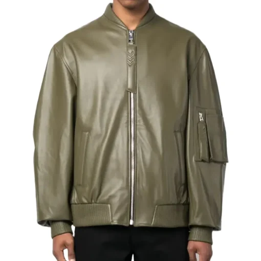 mens-green-faux-leather-bomber-jacket
