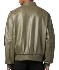 mens-green-faux-leather-bomber-jacket
