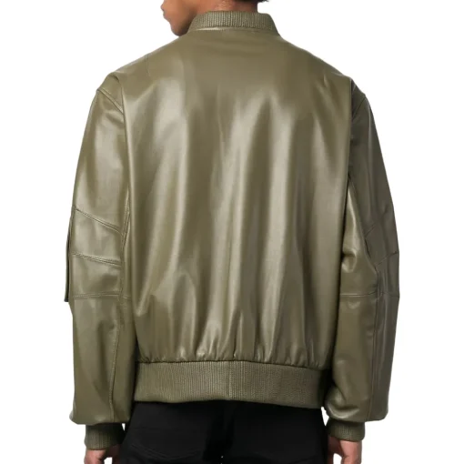 mens-green-faux-leather-bomber-jacket