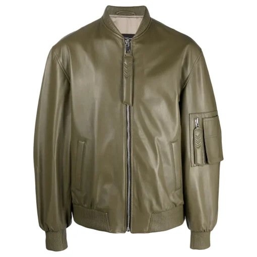 mens-green-faux-leather-bomber-jacket