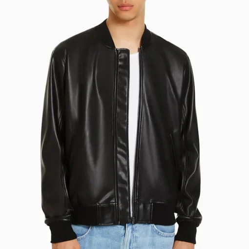 mens-rib-collar-black-faux-leather-bomber-jacket