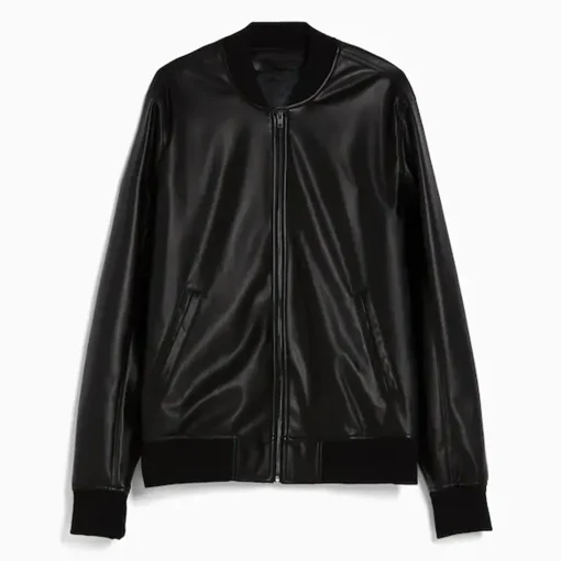mens-rib-collar-black-faux-leather-bomber-jacket