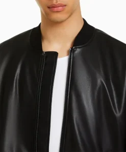 mens-rib-collar-black-faux-leather-bomber-jacket