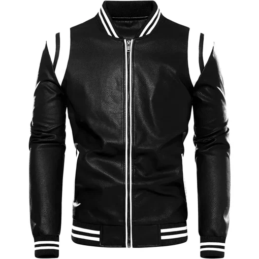 mens-stand-collar-black-and-white-faux-leather-bomber-jacket