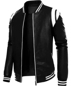 mens-stand-collar-black-and-white-faux-leather-bomber-jacket