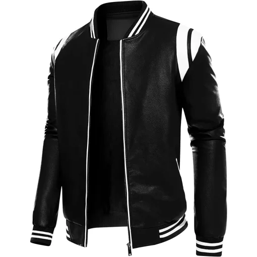 mens-stand-collar-black-and-white-faux-leather-bomber-jacket