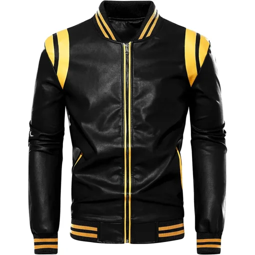 mens-stand-collar-black-and-yellow-faux-leather-bomber-jacket