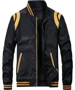 mens-stand-collar-black-and-yellow-faux-leather-bomber-jacket