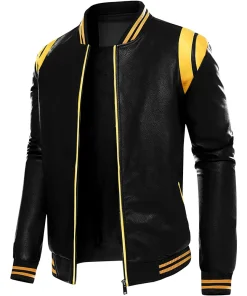 mens-stand-collar-black-and-yellow-faux-leather-bomber-jacket
