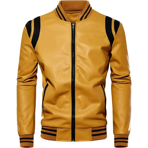 mens-stand-collar-yellow-and-black-faux-leather-bomber-jacket