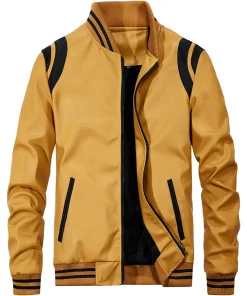 mens-stand-collar-yellow-and-black-faux-leather-bomber-jacket