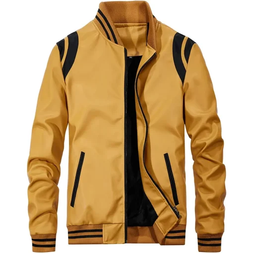 mens-stand-collar-yellow-and-black-faux-leather-bomber-jacket