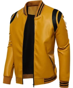 mens-stand-collar-yellow-and-black-faux-leather-bomber-jacket