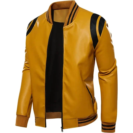 mens-stand-collar-yellow-and-black-faux-leather-bomber-jacket