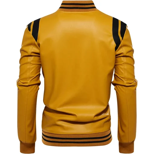 mens-stand-collar-yellow-and-black-faux-leather-bomber-jacket