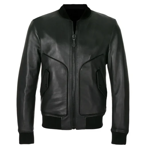 mens-zipped-up-black-faux-leather-bomber-jacket