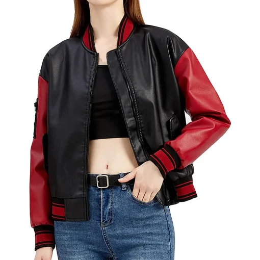 womens-black-and-red-faux-leather-bomber-jacket