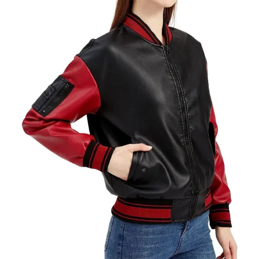womens-black-and-red-faux-leather-bomber-jacket