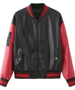 womens-black-and-red-faux-leather-bomber-jacket