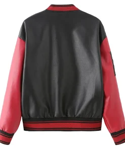 womens-black-and-red-faux-leather-bomber-jacket