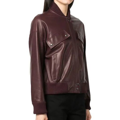 womens-burgundy-faux-leather-bomber-jacket