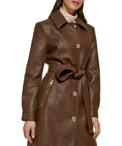 womens-chocolate-brown-faux-leather-belted-trench-coat